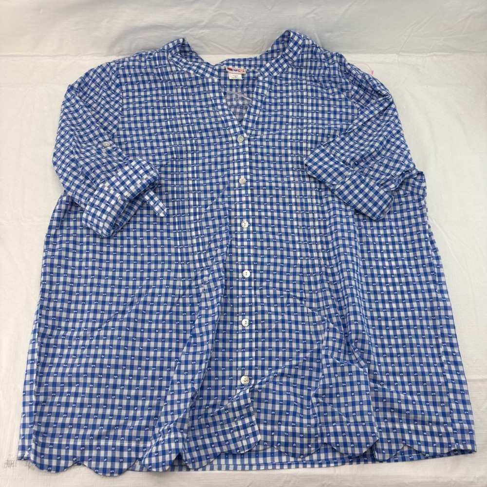American Sweetheart Blue Gingham Cotton Scalloped Hem Button Blouse XX B1E